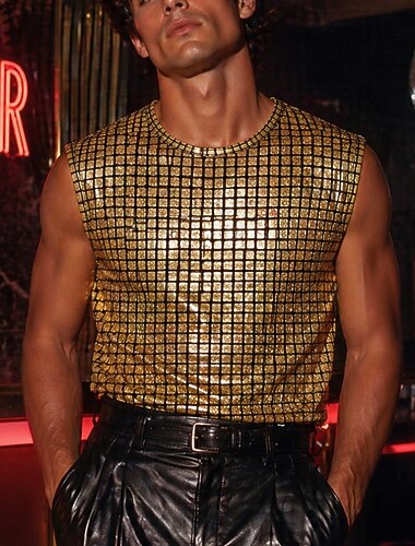  Retro Vintage Discoteca Anos 80 Colete Sem Mangas Discoteca Metálico Brilhante Xadrez Decote Redondo Fantasia Homens Carnaval Espetáculo Boate Adulto Colete Verão