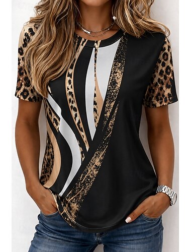  Mujer Camiseta Estampado Graphic Animal Leopardo Vintage Elegante Clásico Manga Corta Cuello Barco Escote Redondo Tops regulares Casual Diario Fin de semana Negro y blanco Negro y gris Negro Verano