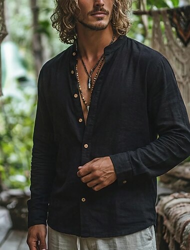  Herren Hemd Leinenhemd Sommerhemd Strandhemd Knopfhemd Einfach Urlaub Ferien Blau Weiß Gelb Grün Langarm Stehkragen Sommer Frühling Bekleidung