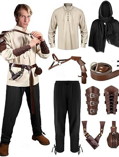  Średniowieczne Renesansowa Spodnie Koszula płaszcz z kapturem Długie rękawy Łucznik Pirat Ranger Wiązanie Strój na bal maskowy Męskie Piracki Bal maskowy Impreza Targi Renesansu LARP Dla dorosłych