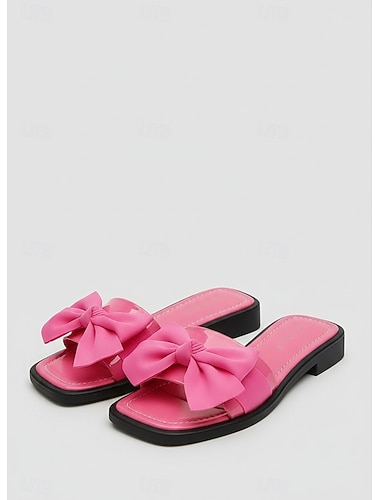  Sandales plates à nœud rose vif pour femmes - élégantes mules à bout carré ornées de gros nœuds décoratifs, parfaites pour les vacances dans des hôtels de luxe ou les escapades à la plage. &détente