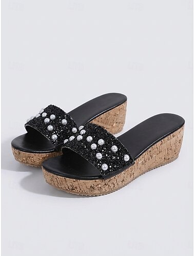  صنادل نسائية أنيقة بكعب إسفين مزينة باللؤلؤ الأسود - تفاصيل من اللؤلؤ الصناعي مناسبة لرحلات السفن السياحية وحفلات سطح السفينة المسائية &ملابس المنتجعات الفاخرة