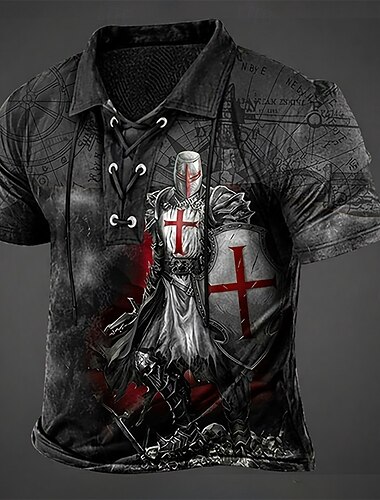  Herre Templarkorset Polo skjorter Kortærmet Polo skjorter Snørehals Årgang Afslappet Streetwear Dagligdagstøj 3D-udskrivning Åndbar måtte Forår sommer Sort Brun Grå