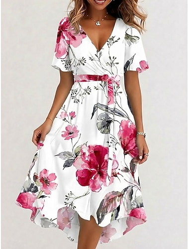  Damen Midikleid Chiffonkleid Blumenkleid Sommerkleid Elegant Modern Urlaub Ferien Teegesellschaft Normale Passform Blumen Kurzarm V Ausschnitt Weiß Beige Sommer Frühling