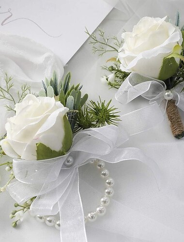  Conjunto de pulsera tipo brazalete con ramillete de rosas color marfil y boutonniere para hombre, ideal para bodas blancas, bodas y fiestas de graduación.