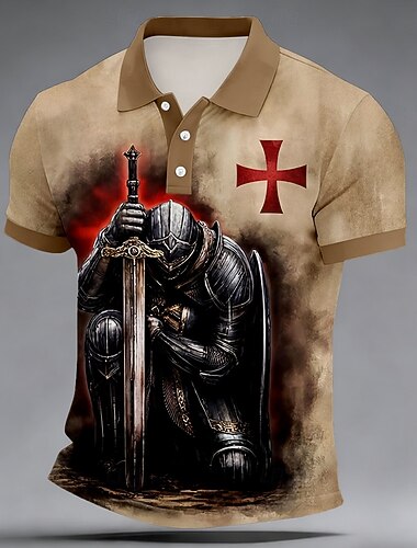  Voor heren Kruis Poloshirts Korte mouw Poloshirt Revers Casual Buiten Alledaagse kleding 3D-afdrukken Knop Zomer Lente Bruin Grijs Zwart