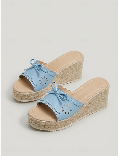  صنادل إسفين إسبادريل زرقاء فاتحة للنساء - شباشب أنيقة مقطوعة بالليزر مع تفاصيل فيونكة مناسبة لعطلات الرحلات البحرية الفاخرة وحفلات سطح السفينة الصيفية &ملابس المنتجعات الاستوائية