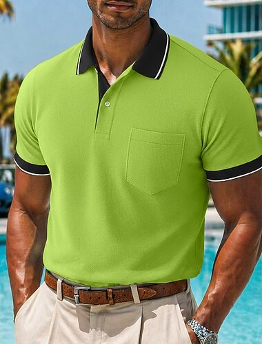  Herr Golftröja Piképikétröjor Ledigt Arbete Kavajslag Ribbstickad polokrage Kortärmad Grundläggande Modern Färgblock Lappverk Ficka Vår & sommar Sommar Normal Rodnande Rosa Vin Grön Grå Golftröja