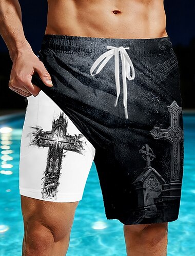  Męskie Křížky Cmentarz Szorty podszyte Spodenki kąpielowe 2 w 1 Kostiumy kąpielowe Szorty kąpielowe Średni Talia Styl Mrocznego Gotyku Codzienny wakacje na plaży Boczne kieszenie Z wkładk