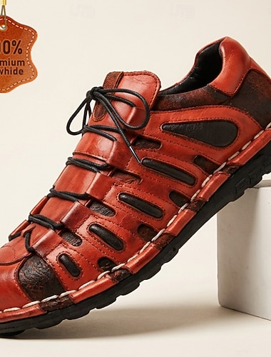  Rote Herren-Schnürschuhe aus Leder, bequem, ideal für Outdoor-Aktivitäten, Reisen und den Alltag.