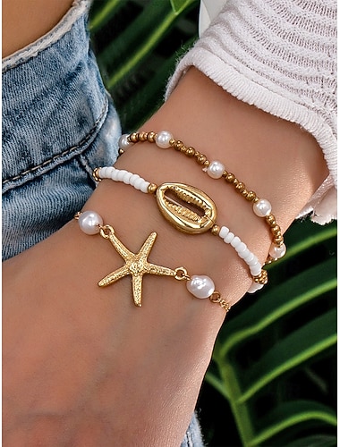  Set di 3 bracciali elastici da donna in stile bohémien, in lega metallica, colori oro e argento, regolabili, perfetti per le vacanze al mare e per l'uso quotidiano.