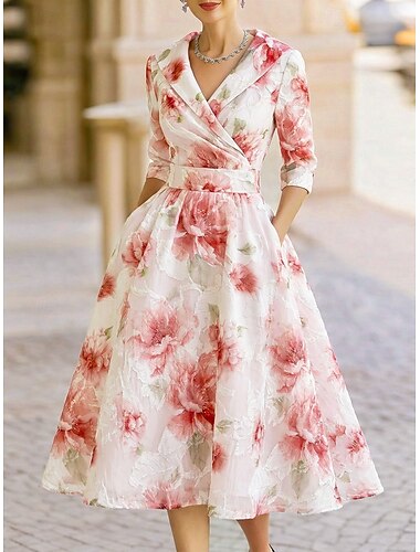  Ligne A Longueur thé Robe de Soirée Robe de Cocktail Robe d'invité de mariage Robe de Mère de Mariée  Manche 3/4 Col en V Col de chemise Élégant ancien Formel Organza Jacquard avec Imprimé floral