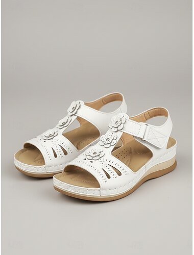  Hvite blomsterkile-sandaler til dame, komfortable sandaler med åpen tå og blomsterdekor, justerbare stropper, fritidssko til sommerhage og ferie. &daglig bruk