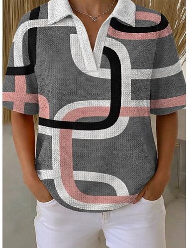 Mulheres Camisa Waffle Camisa casual Tops de verão Gráfico Abstrato Vintage à moda Sem Manga Colarinho Tops regulares Preto e Branco Cinza+Branco Arco-íris Verão Primavera Outono