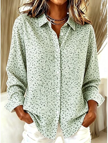  Mulheres Camisa Social Blusa Patchwork Botões Imprimir Floral Gráfico Vintage Casual Manga Longa Colarinho de Camisa Tops regulares Casual Diário Azul Roxo Verde Verão Primavera Outono Inverno