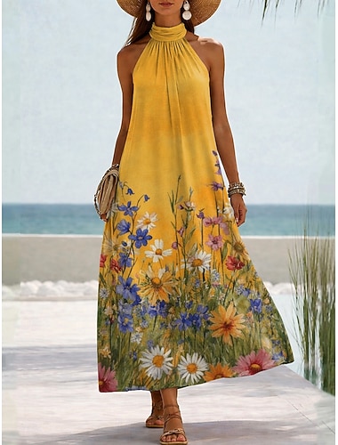  Dames Maxi-jurk Zonnejurk A lijn jurk Vakantie Strand Ruim Passend Bloemig Grafisch Mouwloos Halternek blauw Geel Blozend Roze Zomer Lente