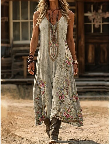  Per donna Abito Midi Abito Boho Abito Vintage Vestito Casual Vintage fluente Casa Streetwear Ferie Vestibilità regolare Boho Floreale Senza Maniche Scollo a V Verde salvia Rosso arrugginito Beige