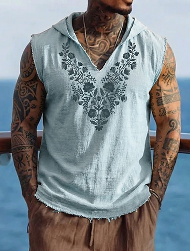  herre blomstret vinranke botanisk bohemsk etnisk folkemusikk ermeløs hettevest grafisk bomull lin frynsete rå fald løs passform strandferie sommer designerklær s m l xl xxl xxxl