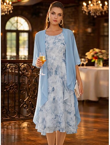  Kaksiosainen A-linja Polven yli Häävieraspuku Morsiammen äidin asu Hihaton 3/4 hiha Tiukka pyöreä kaula-aukko Tyylikäs Yksinkertainen minimalistinen Muodollinen Puolivirallinen Sifonki Jakardi kanssa