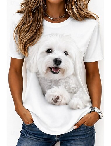  女性用 Tシャツ プリント グラフィック 動物 犬 ヴィンテージ スタイリッシュ クラシック 半袖 クルーネック ラウンドネック ロングトップス カジュアル 日常 週末 ホワイト コーヒー 白2 夏 春 秋