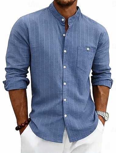 Herren Hemd Leinenhemd Sommerhemd Strandhemd Gestreift Lässig Urlaub Blau Schwarz Weiß Khaki Langarm Mandarinkragen Sommer Frühling Bekleidung Tasche