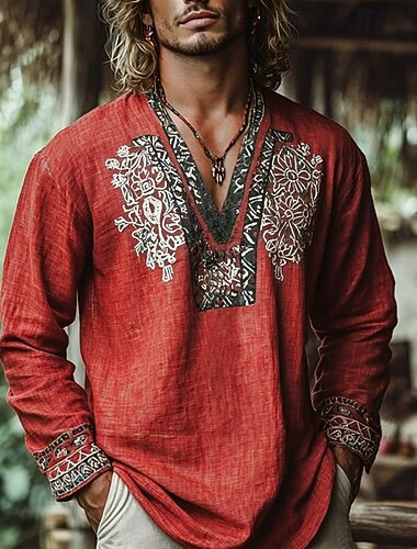  Homme Chemise popover Chemise d'été Tenue de plage Chemise vintage Chemise ethnique Floral Vacances Fête Jaune Bleu Orange Marron manche longue Col en V Été Printemps Vêtement Tenue