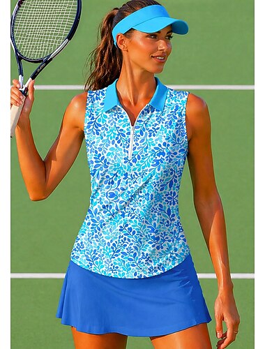 Damen Blumenmuster Oberteile Sporthemd Golf-Poloshirt Tank Top Ärmellos Reißverschluss Blumen UPF50+ UV-beständig Hohe Elastizität Feuchtigkeitsableitend Atmungsaktiv Tennis Golfspiel Pickleball