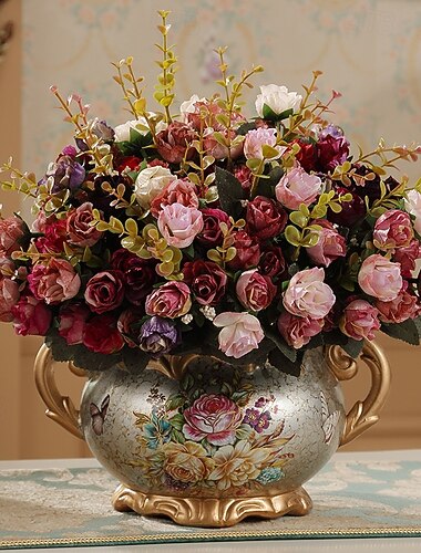  eurooppalainen keinotekoinen vintage-kukka-asetelma maljakkosetti kultainen hartsimaljakko tekokukka, ylellinen kodinsisustus, pöydän kukka-asetelma olohuoneeseen, toimistoon, hotelliin, eteiseen,