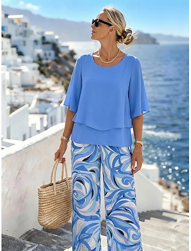  Ženské 2 kusy módy streetwear každodenní kalhoty sety půl rukávu posádky výstřih květinový grafický prázdninový příležitostný denní růžová modrá nebesky modrá letní volné fit