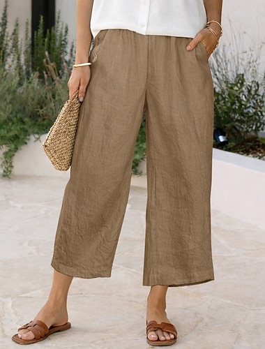  Dame Capri-bukser Imitert bomullslin Bukser Sommershorts Ferie Mote Grunnleggende Full lengde Høy Midje Helfarge عادي Lomme Bred Bukseben Elastisk midje Komfort Myk Pustende Uelastisk Gateklær Strand