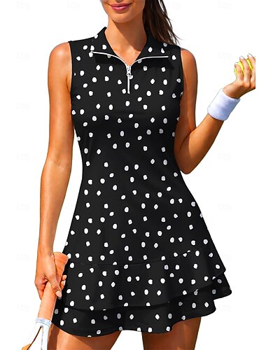  Damskie Geometryczny Groszki Sukienka do tenisa Sukienka sportowa Bez rękawów Kwiaty Oddychający Bransoletka tenisowa Golf Badminton Kołnierz polo Kołnierz zapinany na zamek Sukienka Czarny i biały