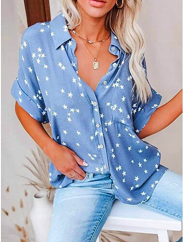  Dame Bluse Knapper Trykt mønster Stjerne Elegant Ferie Stilfull Kortermet Skjortekrage Lange topper Daglig Blå Svart Rosa Vin Sommer Vår