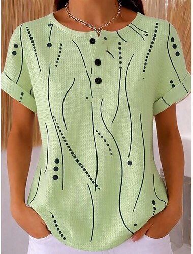  Damskie Koszulka z goframi Teksturowane swetry z dzianiny Podkoszulek Kolorowy blok Nadruk Graficzny Geometryczny Zabytkowe Elegancki Klasyczny Krótki rękaw Półgolf Okrągły dekolt Długie topy