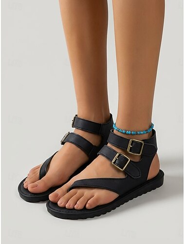  Gladiatorsandaler med spänne för kvinnor – platta sandaler med justerbara dubbla remmar, bekväma skor för utomhuspromenader, resortresor och sommarsemester