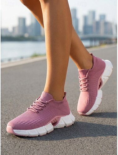  Roze gebreide instapsneakers voor dames, lichtgewicht, gedempte hardloopschoenen, comfortabele en ademende schoenen voor dagelijks gebruik, wandelen, de sportschool en reizen. &informele uitjes