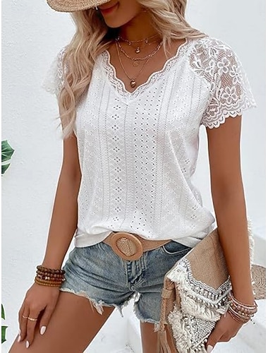  Per donna Blusa con texture Top traforato Maglietta traforata Maglietta Traforato Tinta unica Moda Classico Casual Manica Corta Scollo a V Top Regolari Casuale Quotidiano Spiaggia Bianco Estate