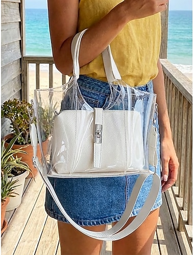  Dames bohemian transparante PVC totebag set, moeder-kind handtas met meerdere vakken en grote capaciteit, verstelbare schouderband, stijlvolle tassen in meerdere kleuren voor strandvakantie en casual dagelijks gebruik