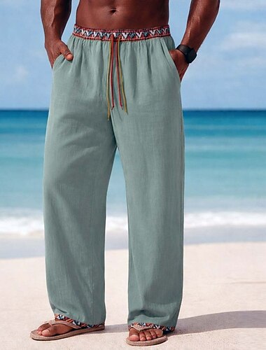  Homens Calças de linho Calças Calça verão Calças largas Calças de praia Com Cordão Cintura elástica Imprimir Conforto Respirável Comprimento total Casual Diário Feriado Férias Moda Verde Sem