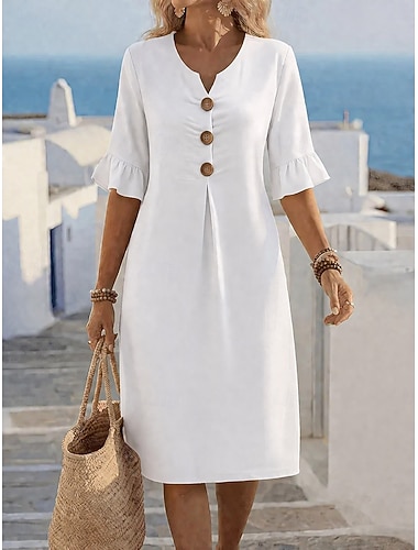  Damen Midikleid Kunstbaumwollleinen Shiftkleid Lässig Täglich Lässiger Schnitt Einfach Dreiviertelarm V Ausschnitt Blau Schwarz Weiß Grün Sommer Frühling Herbst