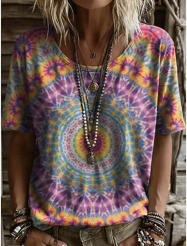  Dames T-shirt Afdrukken Bloemig Grafisch Geometrisch Vintage Stijlvol Casual Korte mouw Strakke ronde hals Lange tops Casual Dagelijks Weekend blauw Blozend Roze Licht Paars Zomer Lente
