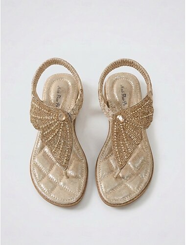  Naisten kimaltelevan kultaiset strassikivillä koristellut stringit, matalat sandaalit - elegantit, koristeltu metallinhohtoisilla hihnoilla rantalomaan &trooppisten saarten lomakohteet