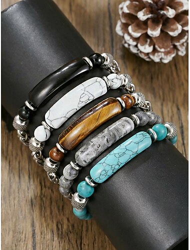  Herenarmband in bohemian stijl van titanium, staal en natuursteen, met een veelkleurige kralenketting, perfect voor een strandvakantie, casual zomeroutfits en dagelijks gebruik.