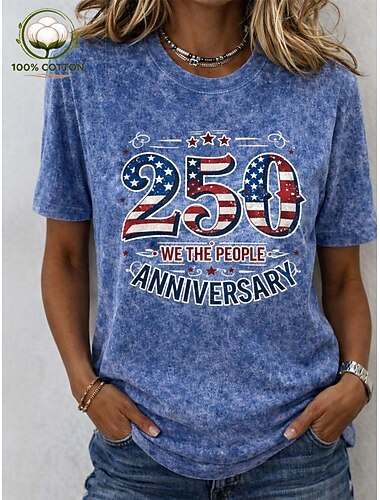  American Independence Day Women's 100% Cotton T Shirt Print Graphic Flag Stylish Basic Classic Short Sleeve Crew Neck Round Neck Regular Tops Casual Daily Blue Black Pink Light Purple Apricot