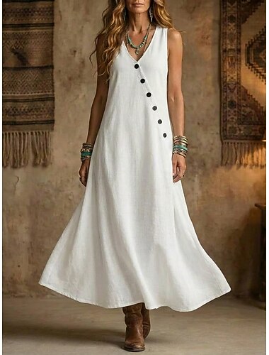  Damen Maxikleid Freizeitkleid Baumwoll-Kleid Trägerkleid Elegant Mode Modern Outdoor Urlaub Ausgehen Lässiger Schnitt Einfach Ärmellos V Ausschnitt Blau Schwarz Weiß Gelb Sommer Frühling