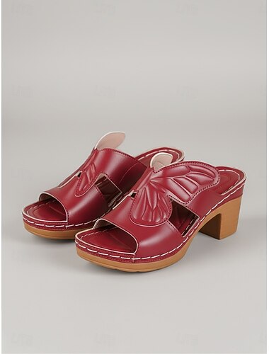  Damsandaler med vinröda fjärilspräglade blockklackar – bekväma sandaler med öppen tå för trädgård och vardagsbruk