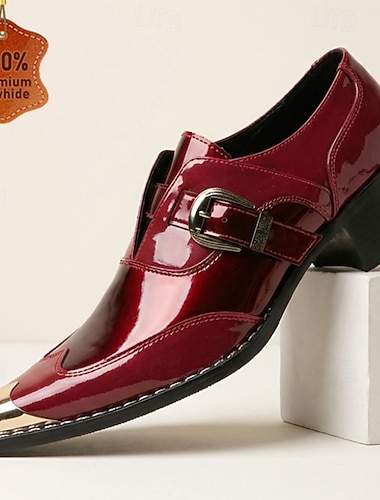 Herresko i burgunderfarget lakkskinn med munkestropper og spiss tå med metallkappe, formelle sko til bryllup, banketter, fester, skoleball, sceneopptredener og dristig festantrekk