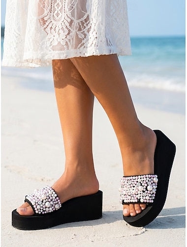  Dames zwarte wedge sandalen - stijlvolle platform zomerschoenen met imitatieparels voor strandvakanties, resortfeesten en tropische vakanties