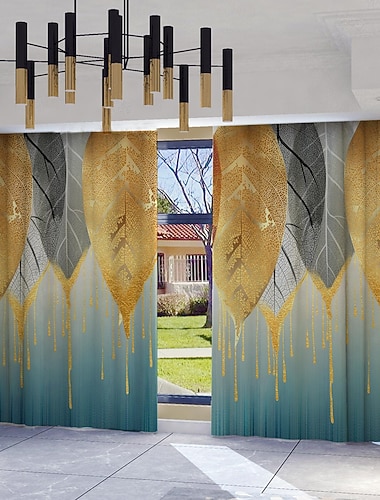  2-teiliges Set geometrischer Blättergardinen aus Polyester mit Stangendurchzug, modernes botanisches Muster, maschinenwaschbar, geeignet für Wohnzimmer, Schlafzimmer, Küche, Arbeitszimmer,