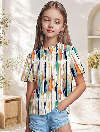  Mädchen 3D Grafik Geometrisch T-Shirt Kurzarm 3D-Druck Sommer Frühling Sport Mode Streetwear Kinder 5-12 Jahre Rundhalsausschnitt Lässig Täglich Outdoor Normale Passform