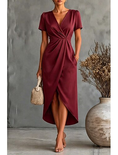  Dámské Midi šaty Saténové šaty Šaty na párty Koktejlky Elegantní Módní Romantické Párty Svatební Svatební host Běžný Bez vzoru Krátký rukáv Do V Černá Šampaňská Fialová Trávová zelená Léto Jaro